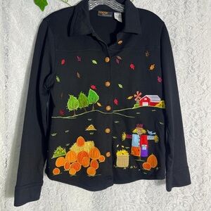 Onque Casuals Black Cardigan with Colorful Fall Embroidery